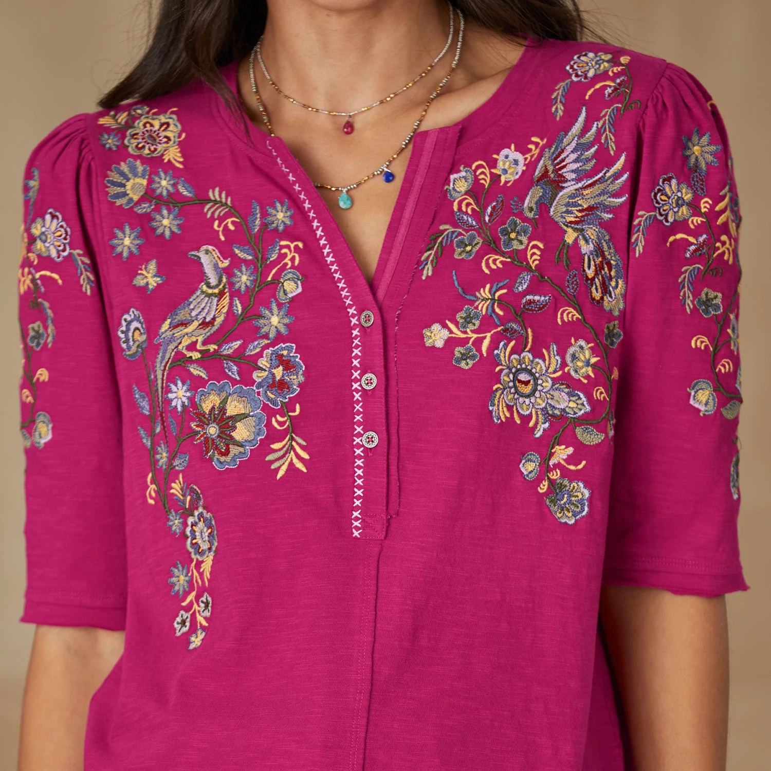 Avril Embroidered Henley, Petite 1 Avril Embroidered Henley, Petite